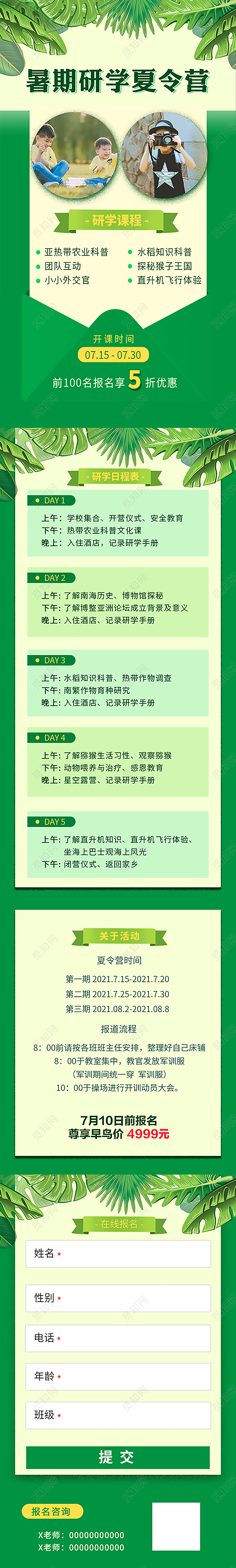 手机长图绿色夏令营暑假热带雨林叶子研学