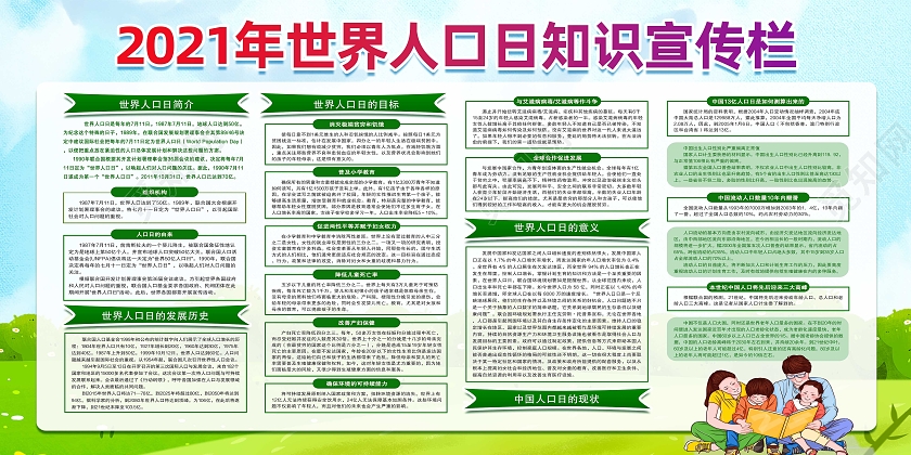 绿色简约2021年世界人口日知识宣传栏世界人口日展板