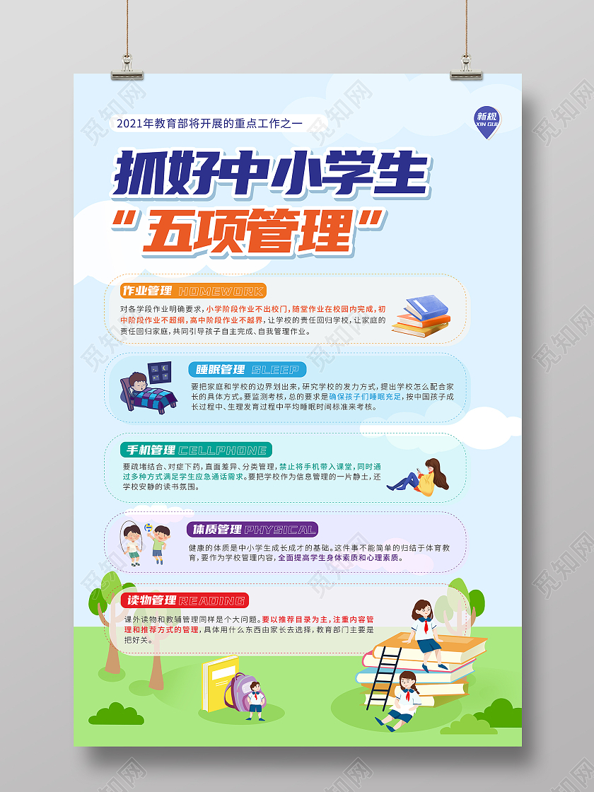 卡通水彩中小学五项管理海报学校五项管理