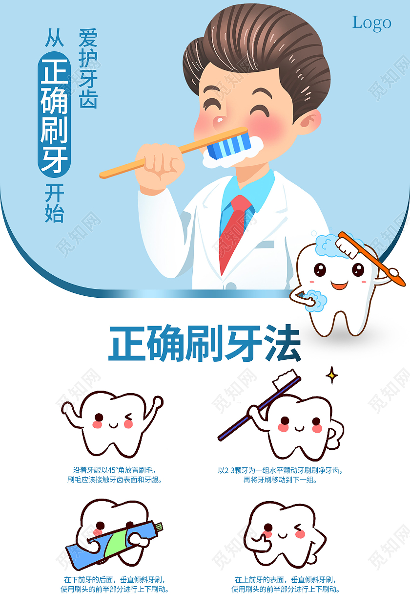 蓝色卡通插画正确刷牙法宣传海报刷牙方法