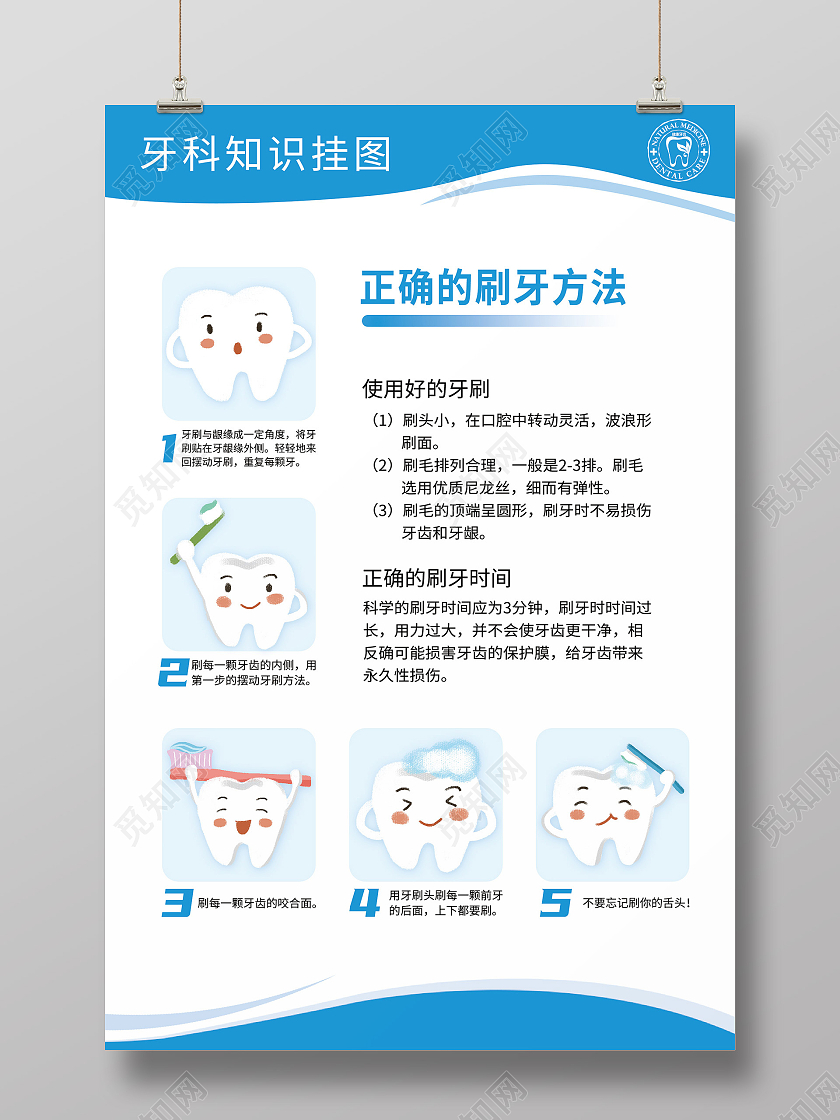 蓝色几何卡通正确的刷牙方法牙科知识挂图宣传海报