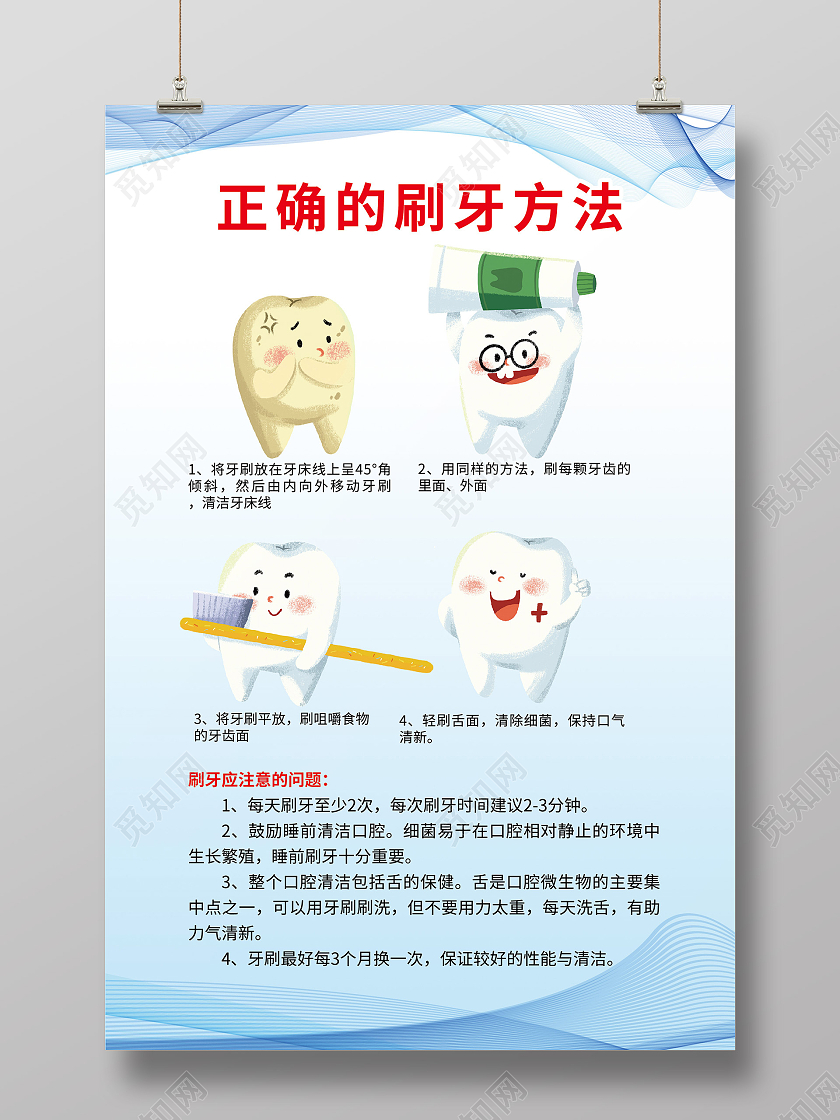蓝色卡通正确的刷牙方法宣传海报
