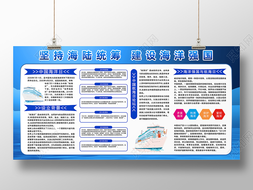 蓝色简约坚持海陆统筹建设海洋强国中国航海日展板