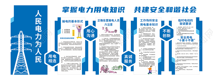 蓝色大气电力用电知识文化墙电力电网文化墙