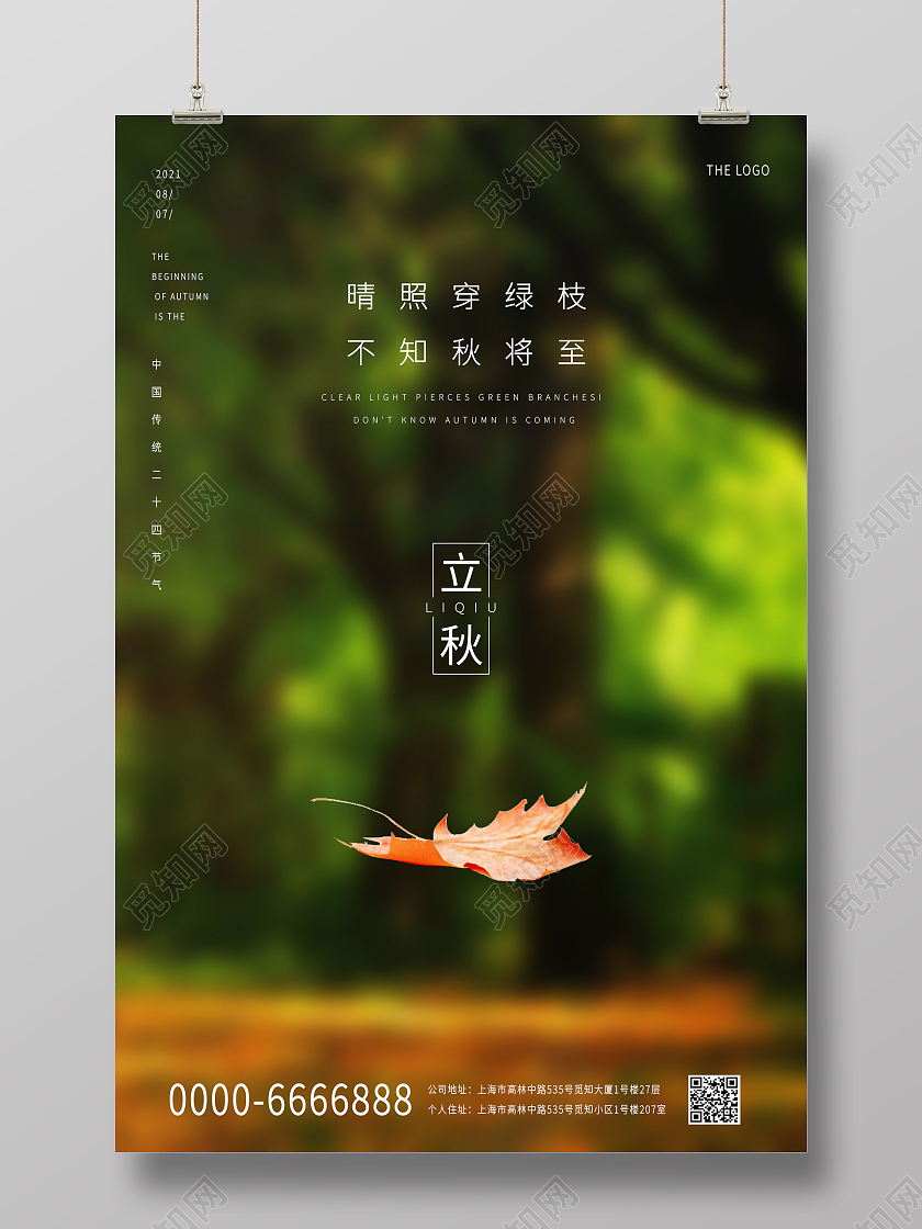 绿色森林意境立秋传统二十四节气叶子宣传海报