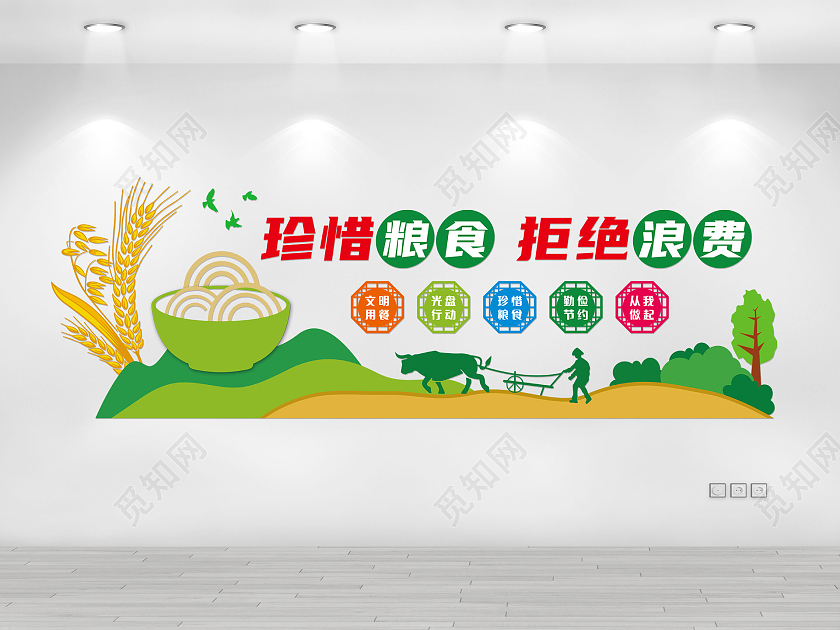绿色卡通珍惜粮食拒绝浪费餐厅文化墙餐厅食堂文化墙