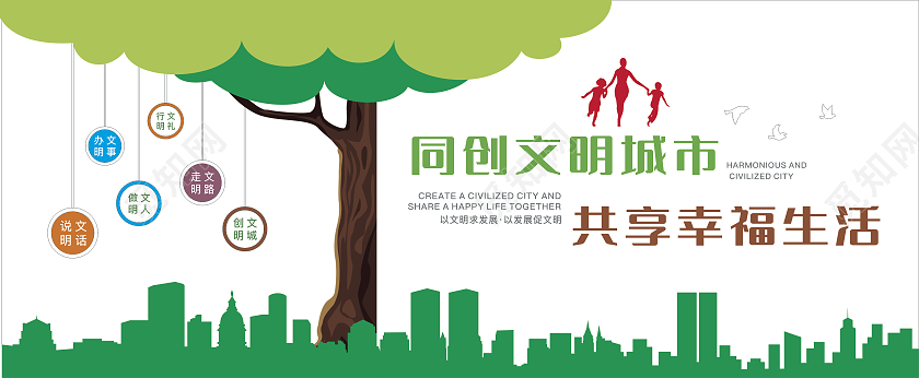 绿色文化墙背景墙文明城市卡通文明城市文化墙