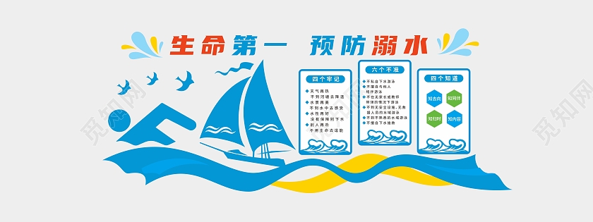 蓝色帆船游泳防溺水安全第一远离危险文化墙防溺水文化墙