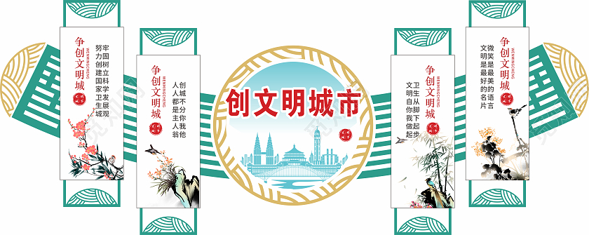 蓝色简约创建文明城市文化墙