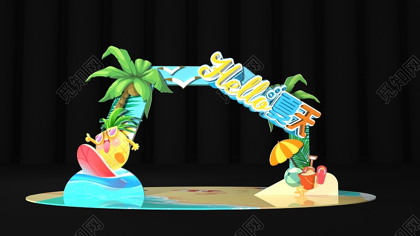 蓝色清新卡通你好夏天夏日拱门夏天夏季拱门布置