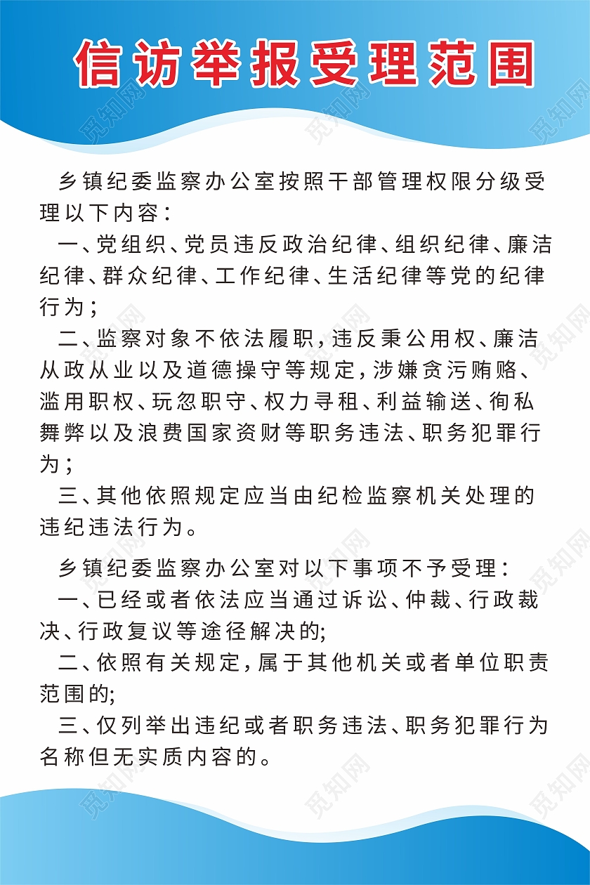 蓝色简约渐变信访举报受理范围制度牌