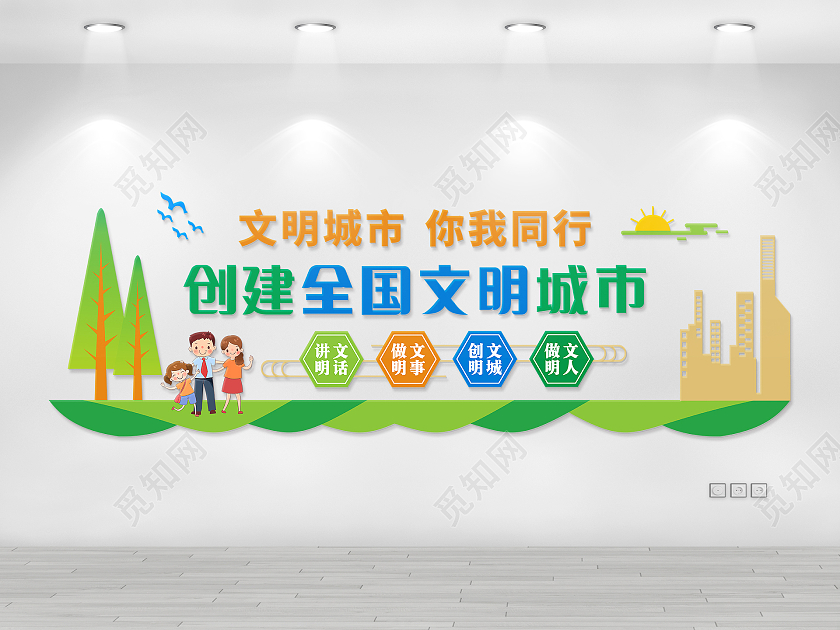 绿色简约大气文明城市你我同行创建文明城市文化墙
