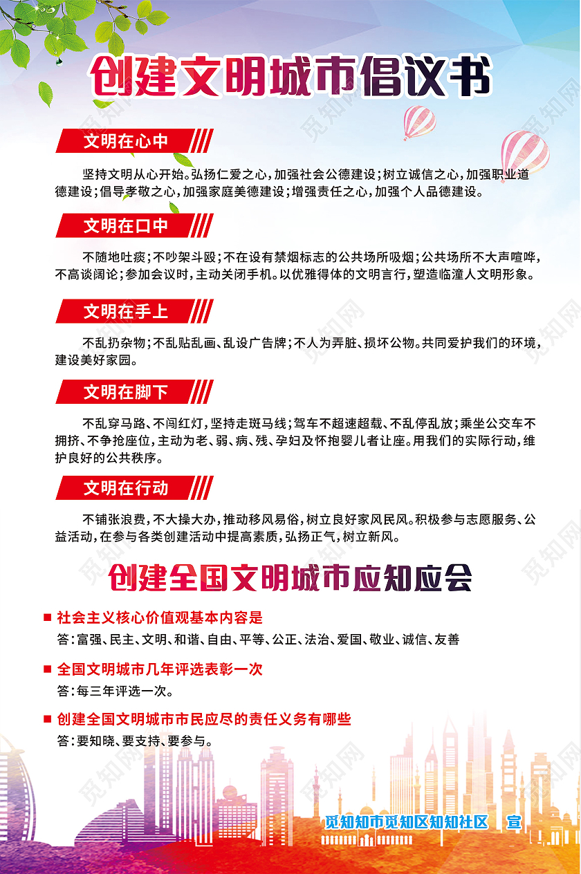 简约清新创建文明城市海报文明城市倡议书