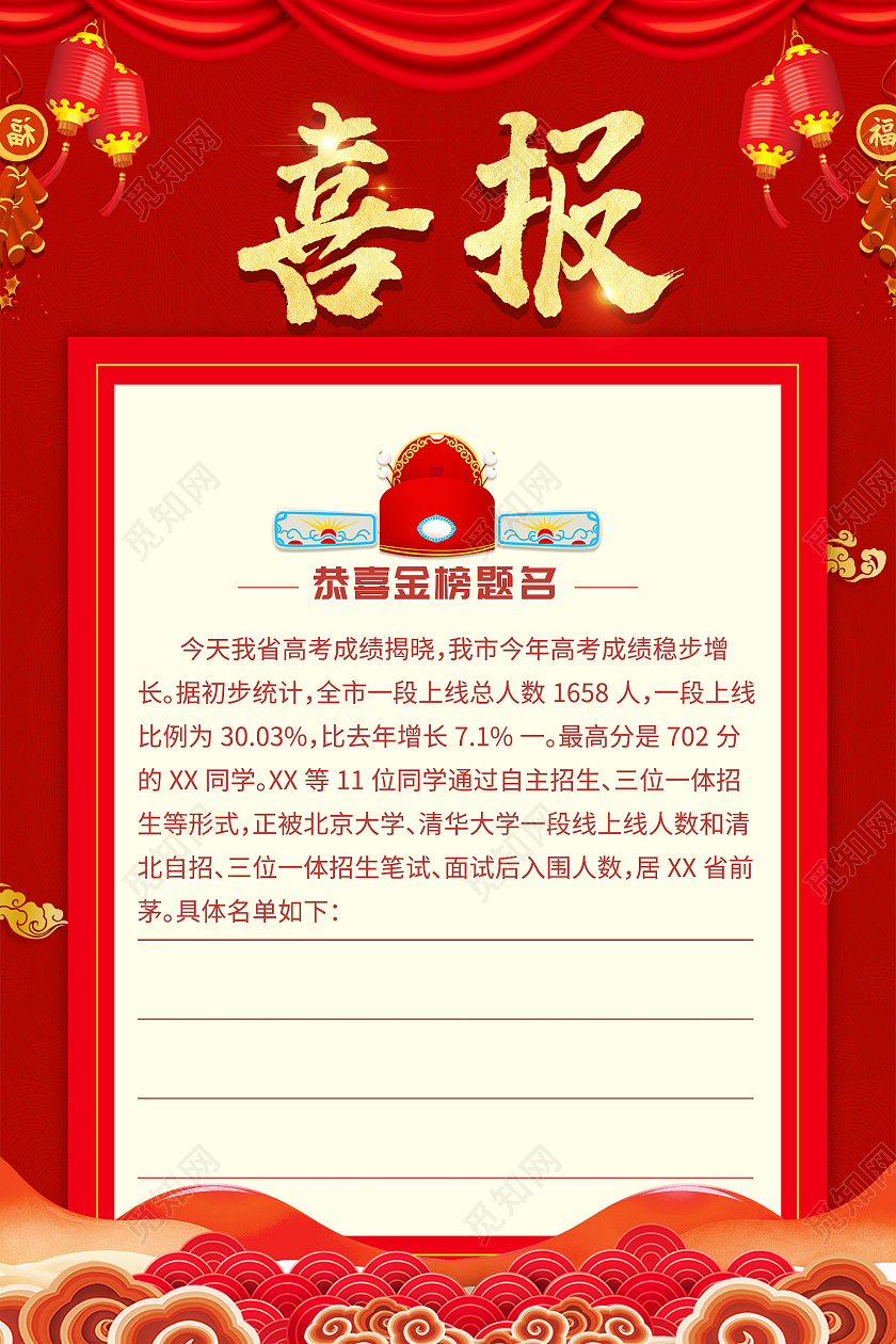 红色喜庆喜报恭喜金榜题名海报中考喜报