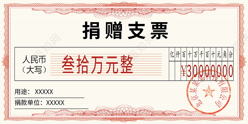 简约捐款支票展板