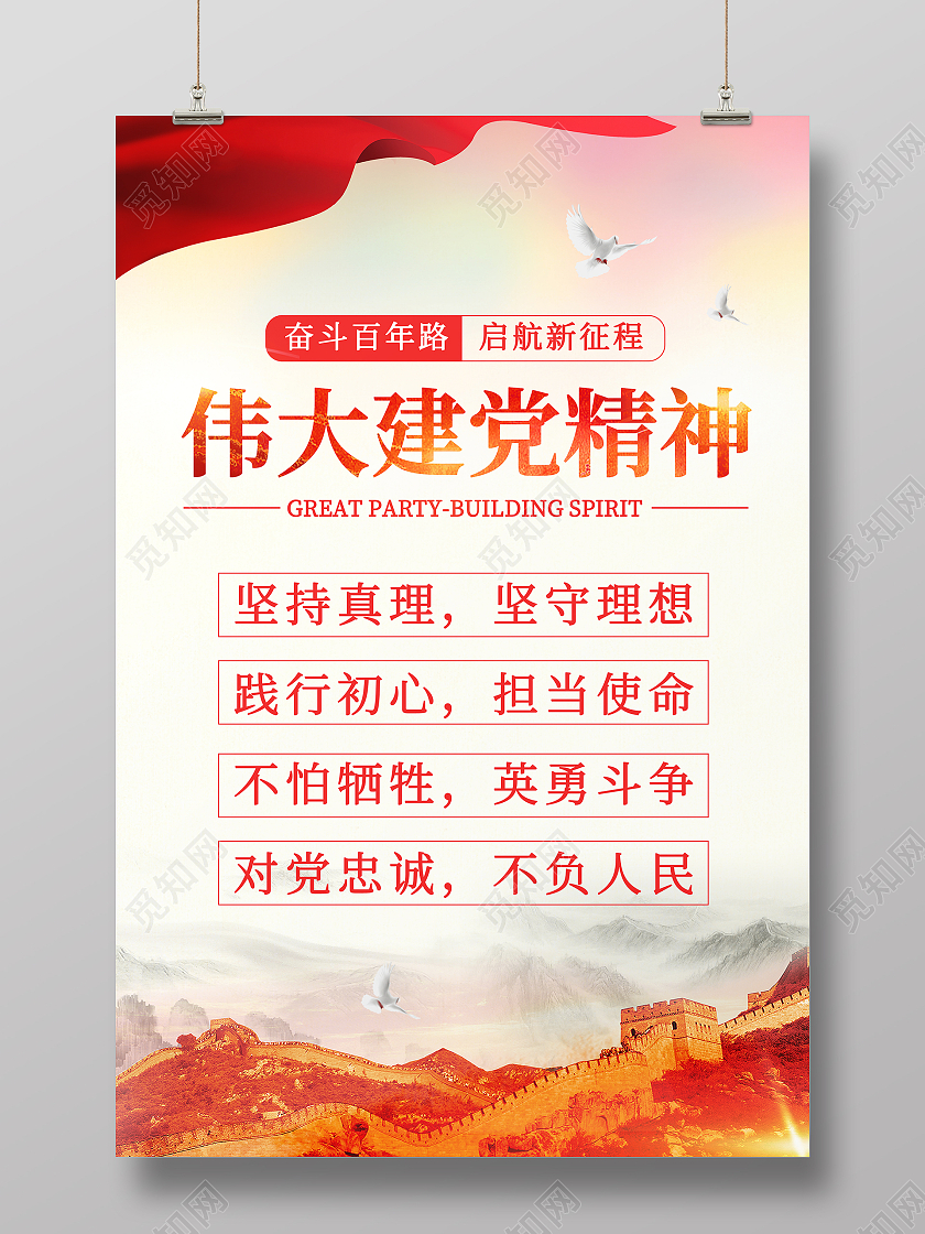 暖色喜庆伟大建党精神海报