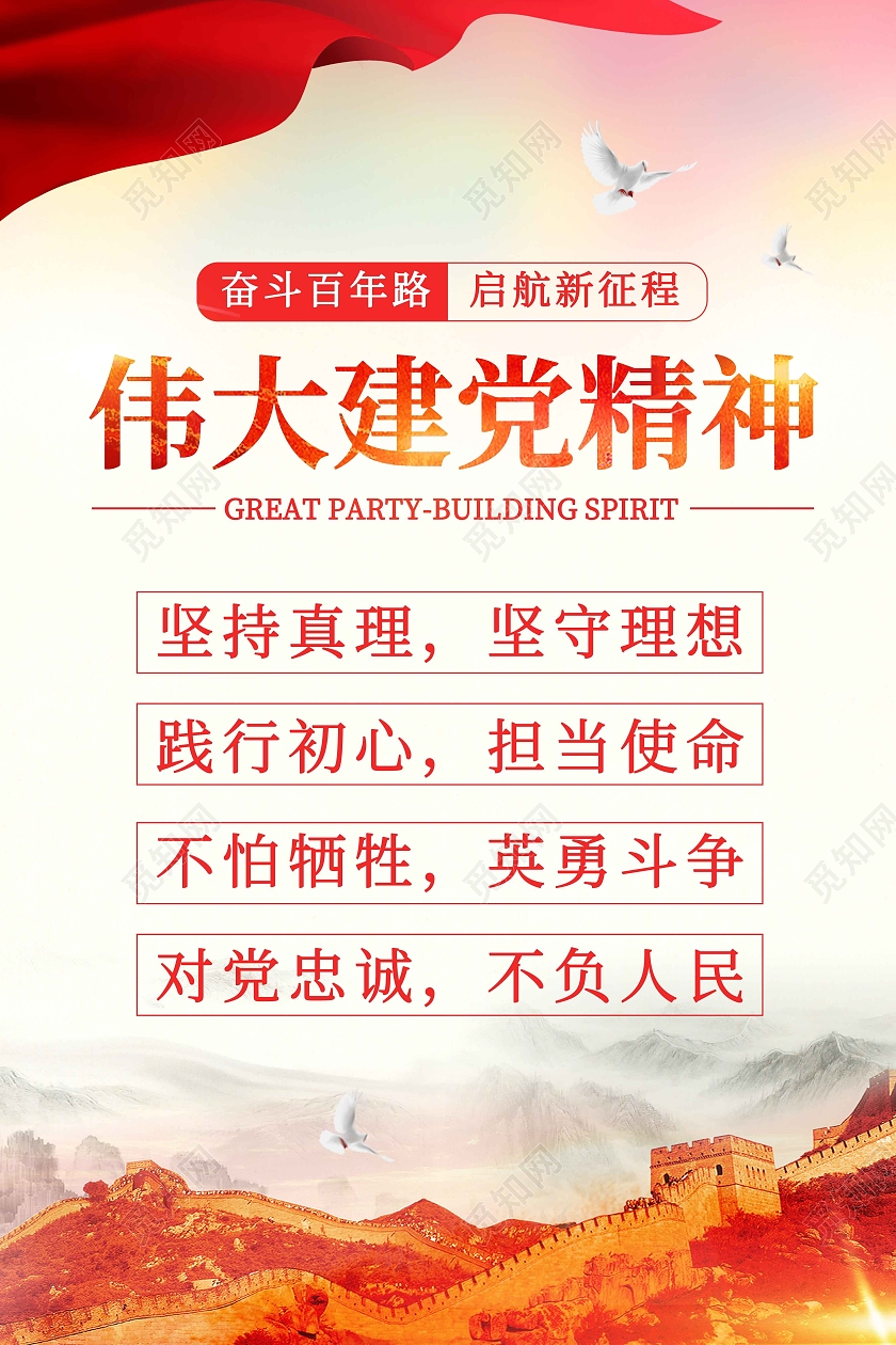 暖色喜庆伟大建党精神海报