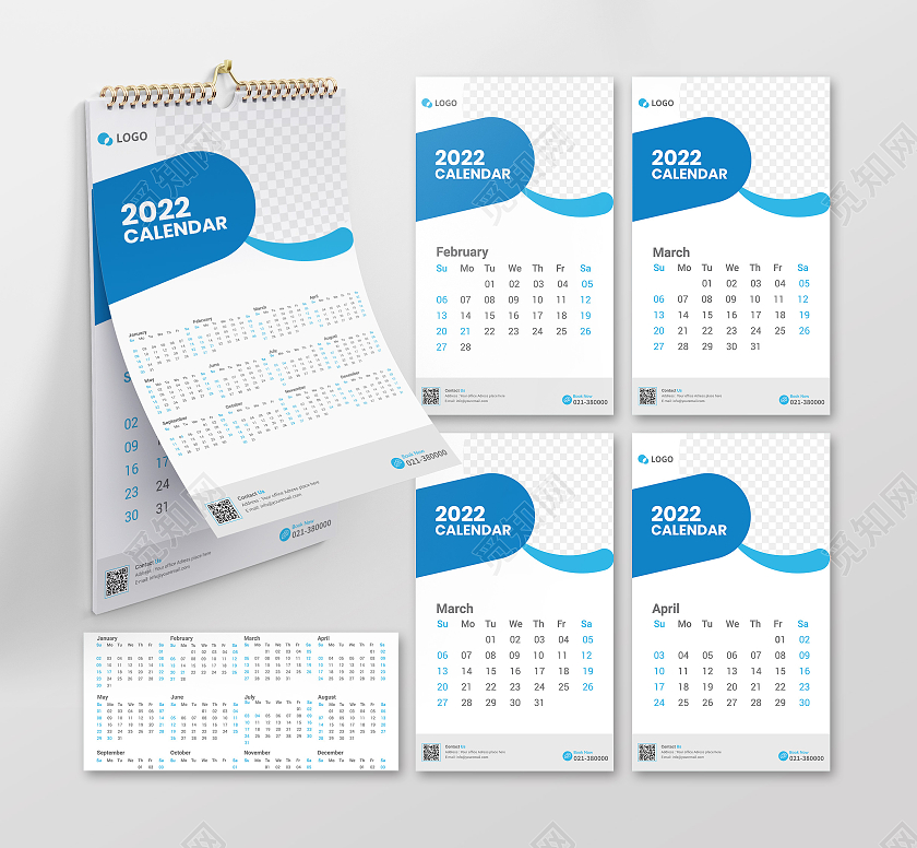 蓝色简约几何矢量2022年虎年日历2022日历
