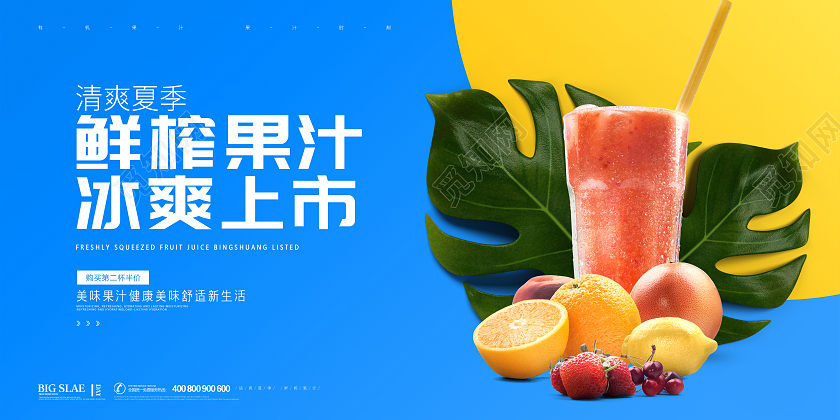 蓝色简约大气卡通鲜榨果汁冰爽上市果汁促销展板