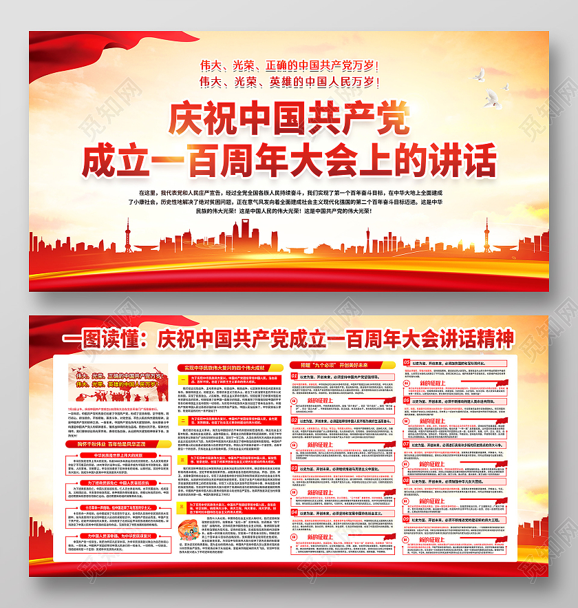 黄色风格庆祝中国共产党成立一百周年大会讲话精神展板七一讲话宣传栏