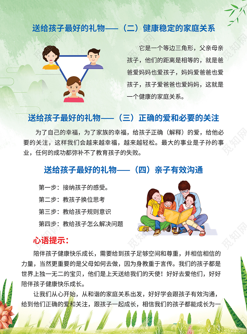绿色春天小清新家庭教育海报宣传