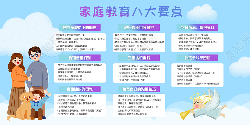 蓝色卡通家庭教育八大要点宣传展板