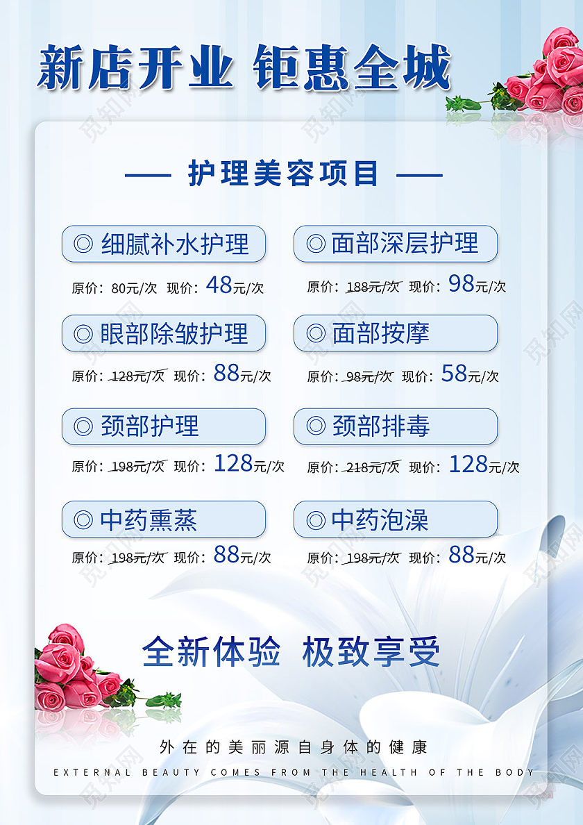 蓝色清新美容传单护肤养颜宣传美容养生医美美容店开张大吉美容美容宣传单
