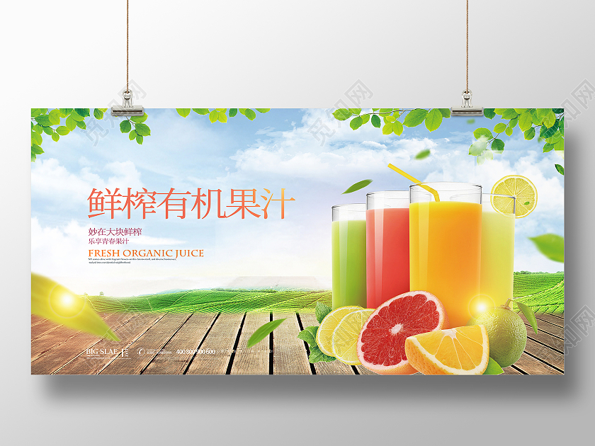 绿色简约大气小清新鲜榨有机果汁促销宣传展板