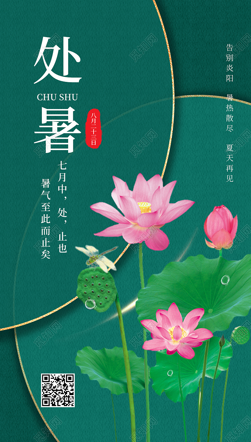 处暑荷花绿色夏季简约风宣传ui手机海报