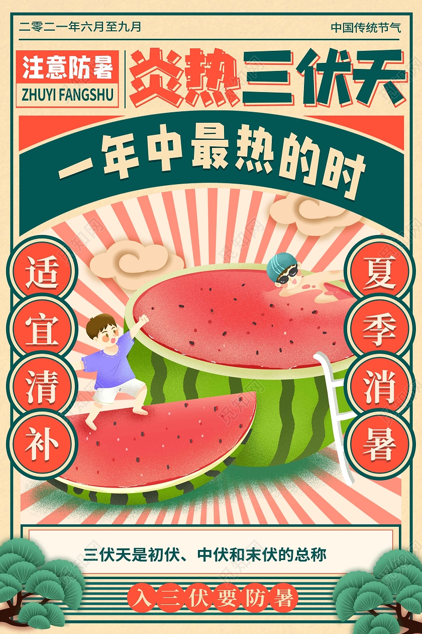 国潮古风炎热三伏天宣传海报