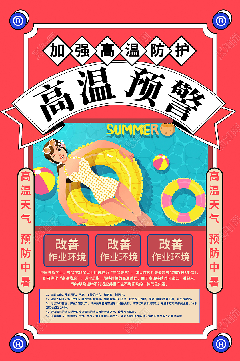 红色简约时尚高温预警活动海报