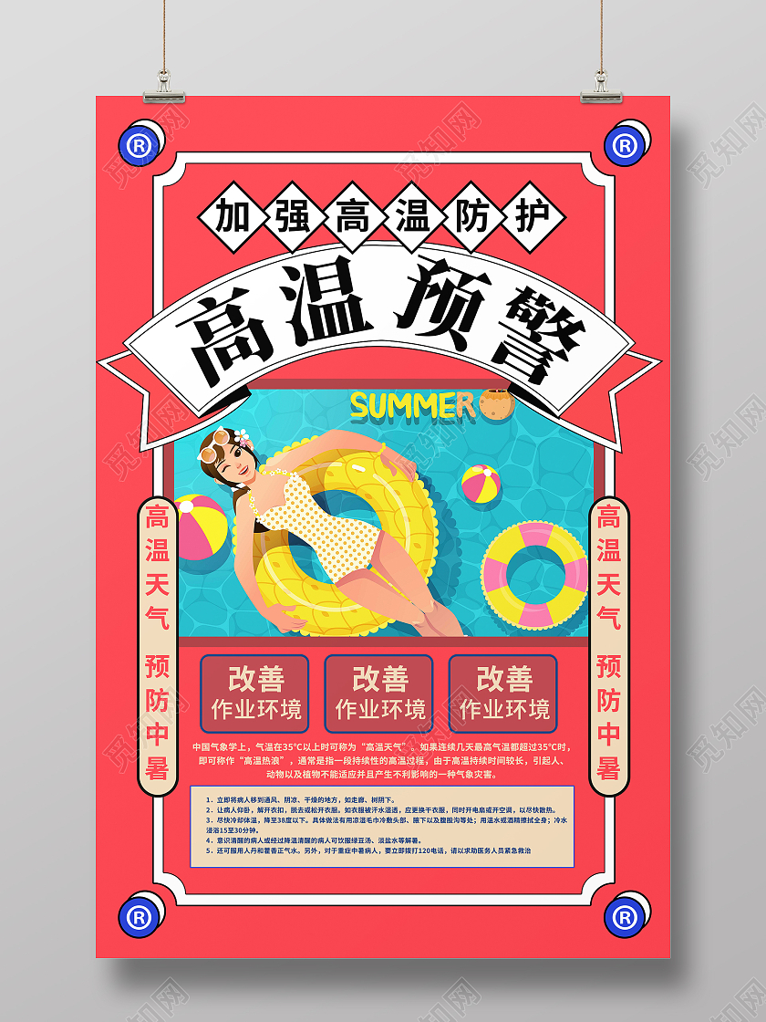 红色简约时尚高温预警活动海报