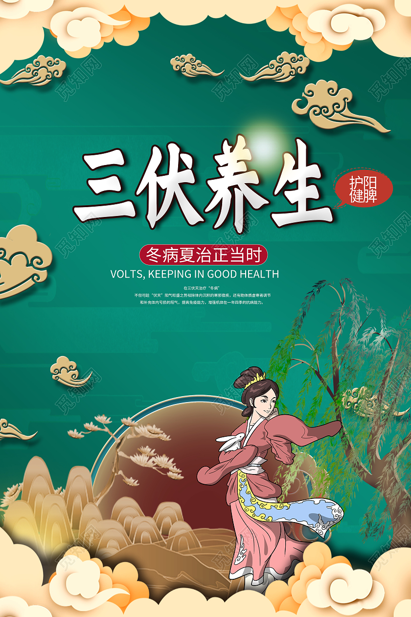 绿色古风三伏养生养生海报