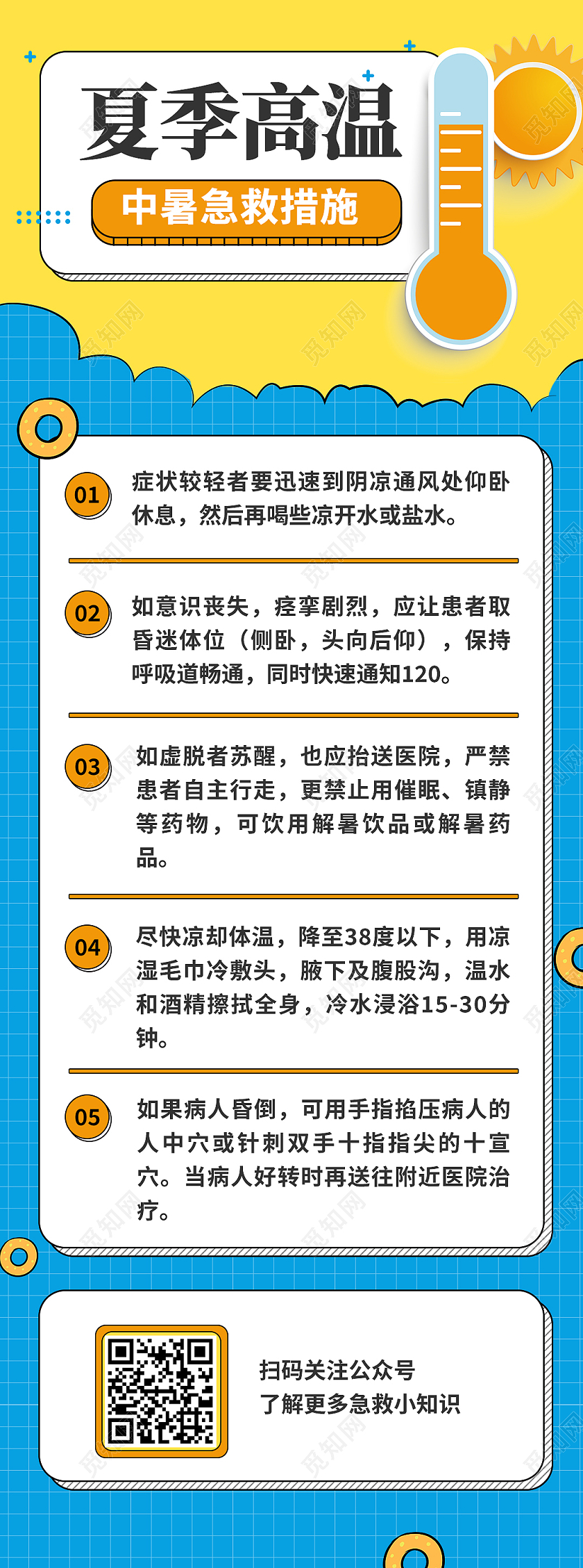 黄色卡通夏季高温高温急救手机海报长图