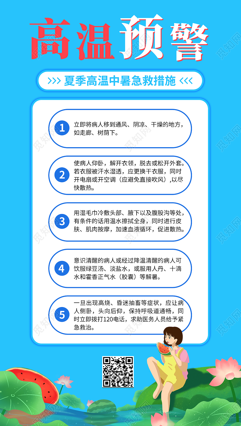 蓝色简约插画高温预警手机海报高温手机海报