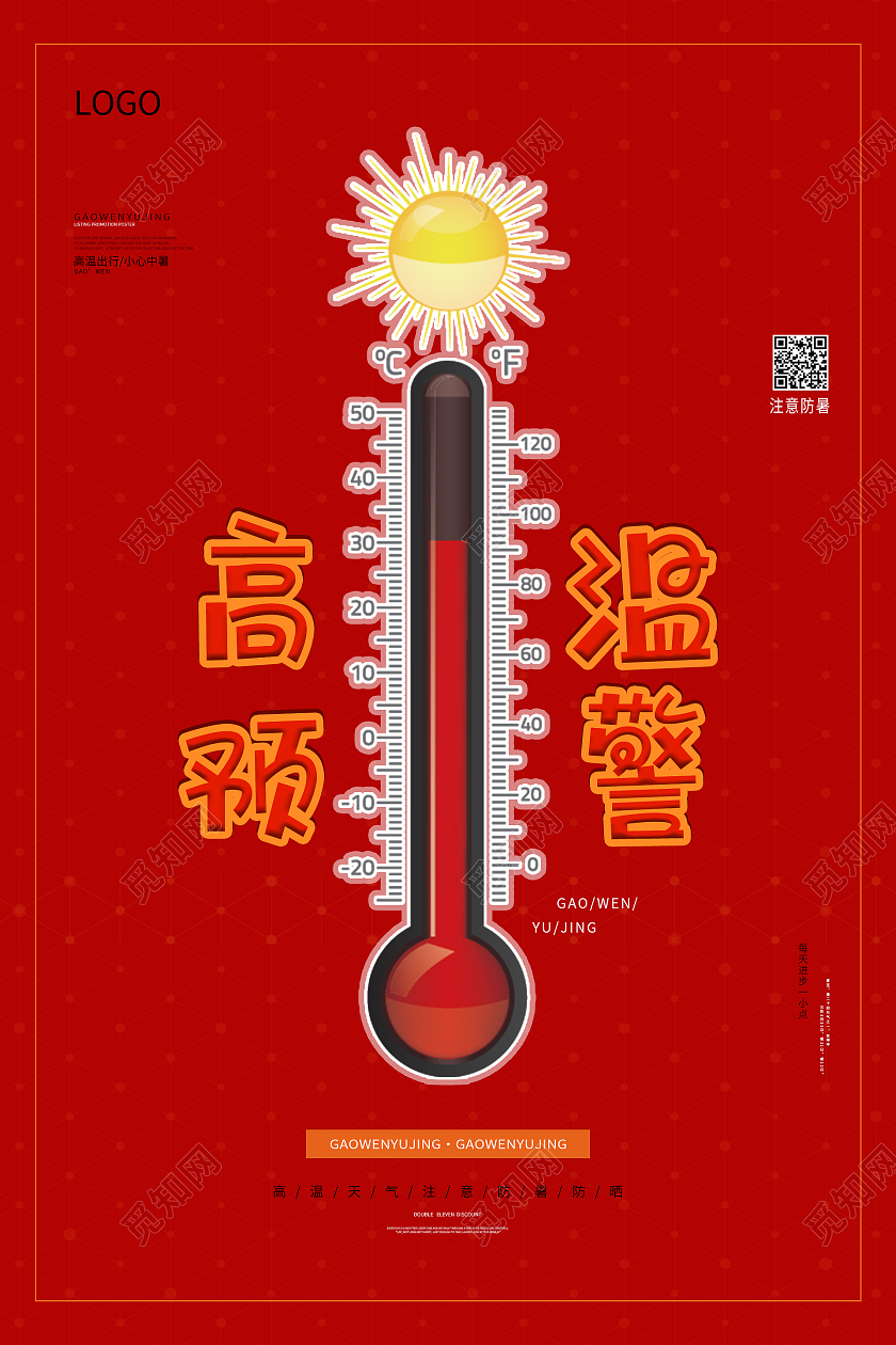 红色简约大气夏天高温预警海报高温手机海报