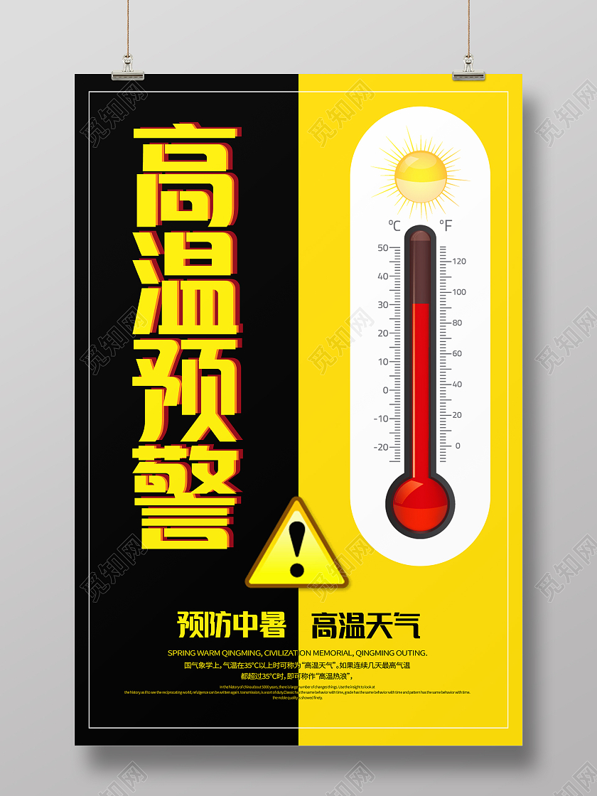 黄色黑色简约大气高温预警海报设计高温手机海报