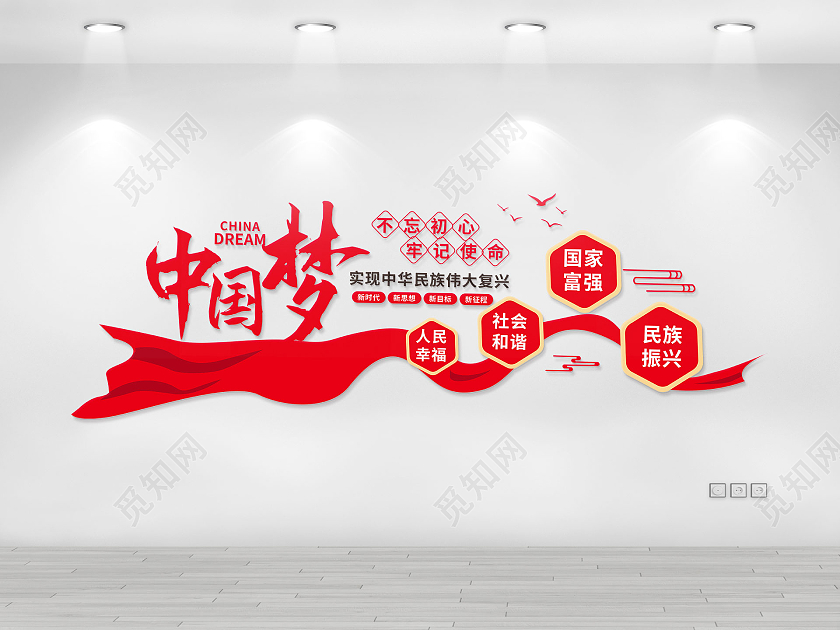 红色创意大气简洁中国梦不忘初心牢记使命文化墙设计中国梦文化墙