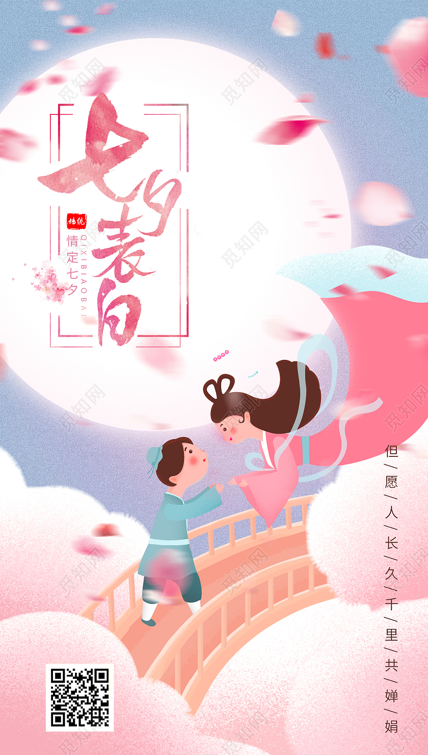 粉色插画风七夕表白七夕海报七夕ui手机海报
