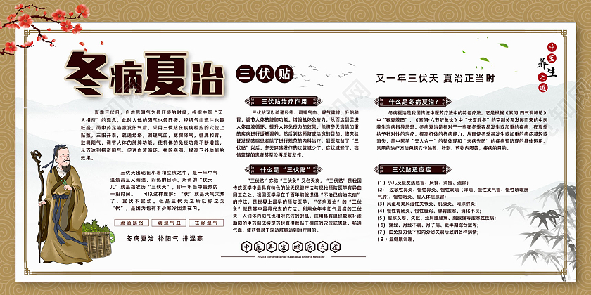 棕色纹理水墨中国风三伏冬病夏治宣传展板