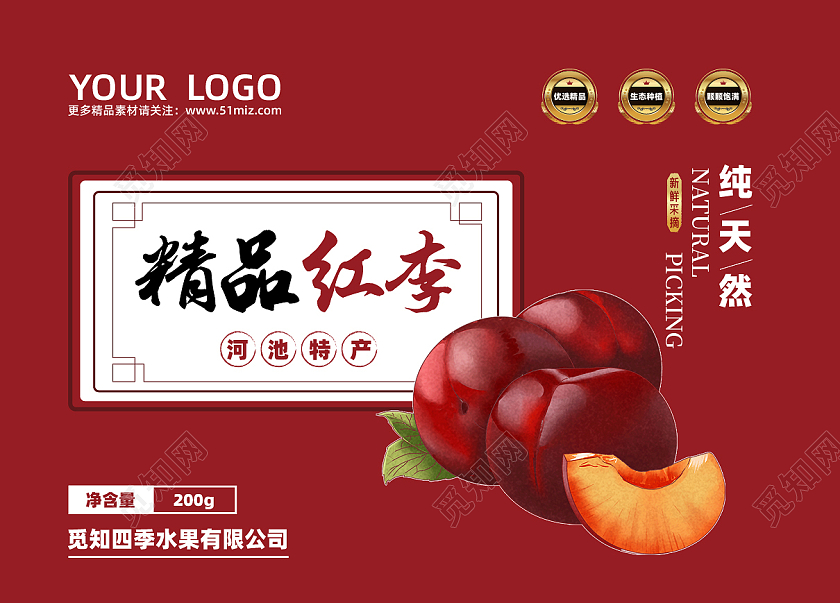 红色简约风精品红李包装设计李子包装