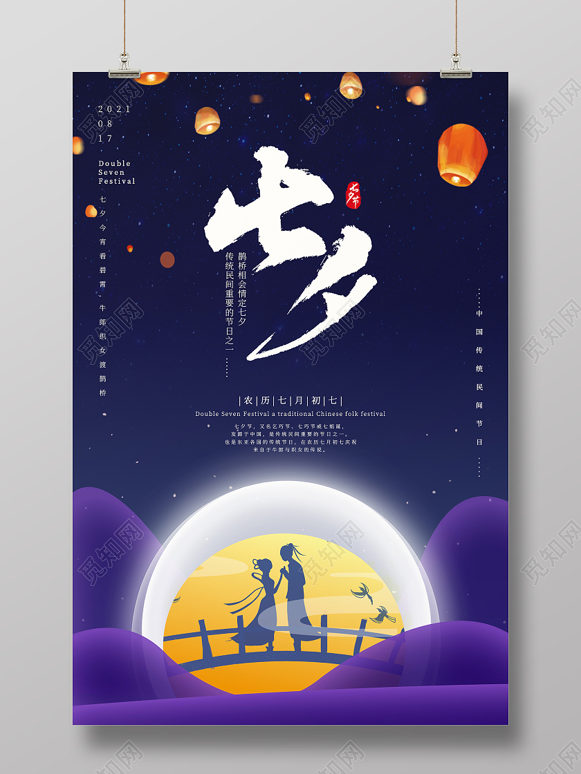 蓝色手绘星空唯美浪漫七夕情人节海报七夕宣传手机海报