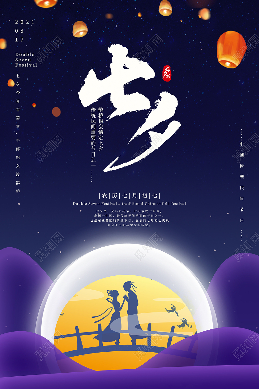 蓝色手绘星空唯美浪漫七夕情人节海报七夕宣传手机海报