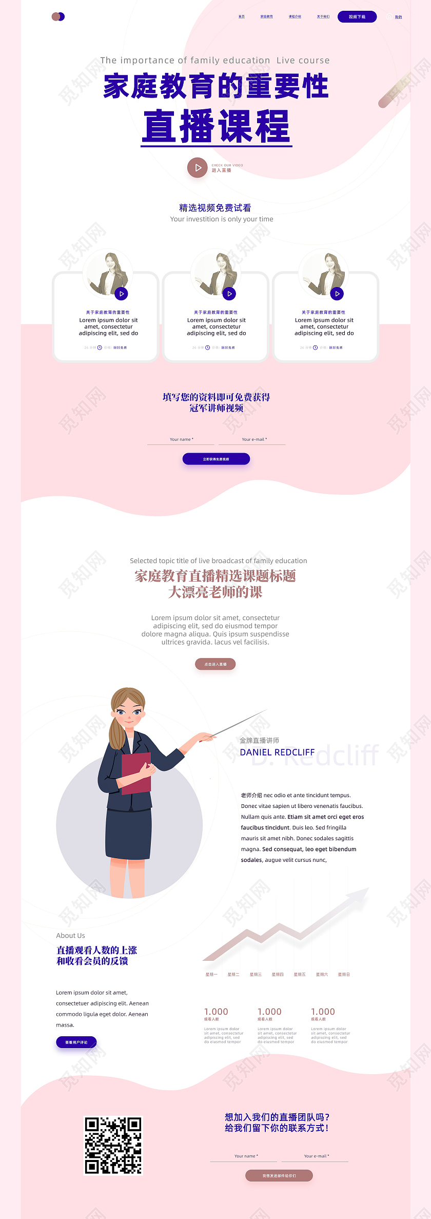 粉色简约家庭教育的重要性直播课程手机长图