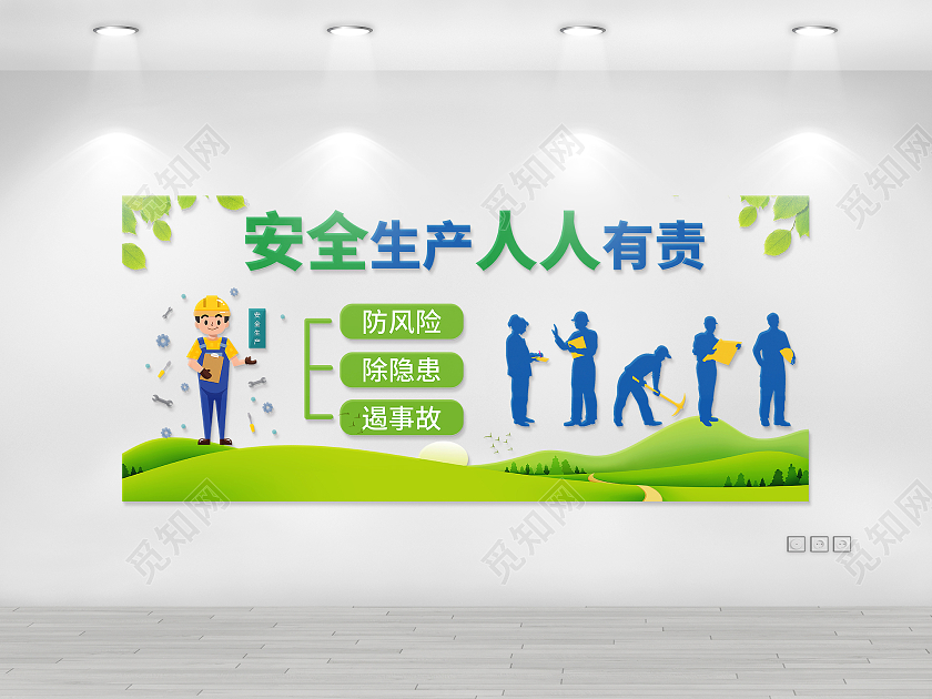 蓝绿色卡通安全生产人人有责文化墙