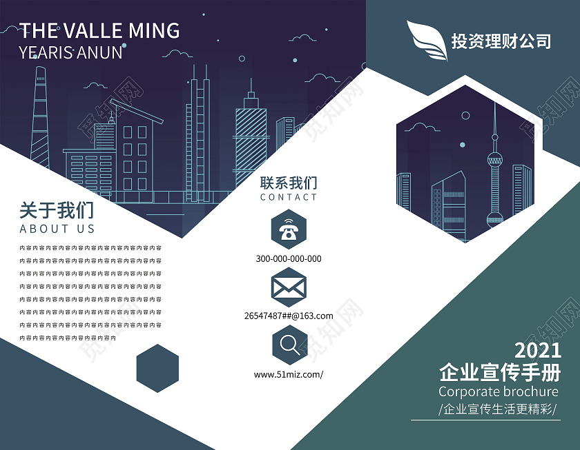 主色深蓝色辅色浅青色运用了简约的风格来体现金融金融折页