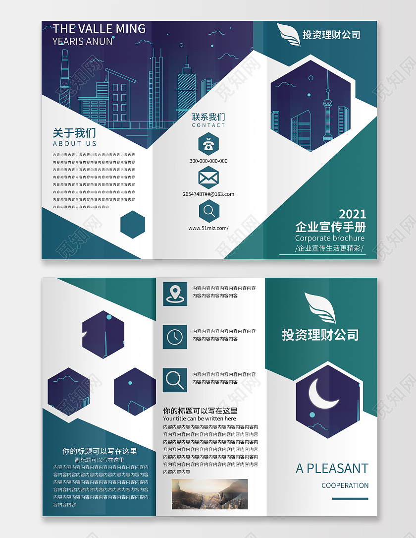 主色深蓝色辅色浅青色运用了简约的风格来体现金融金融折页