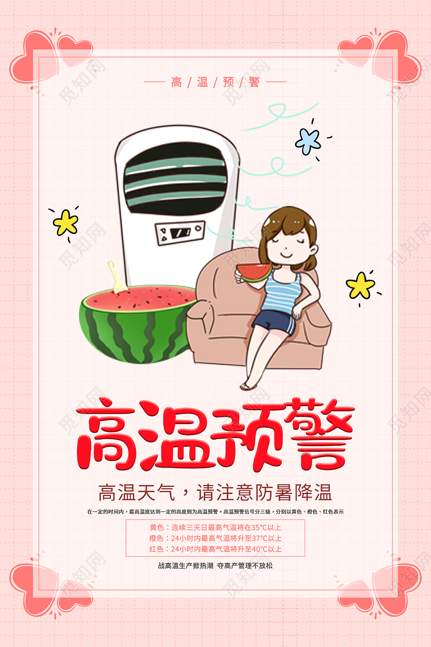 粉色简约清新夏天高温预警防暑海报