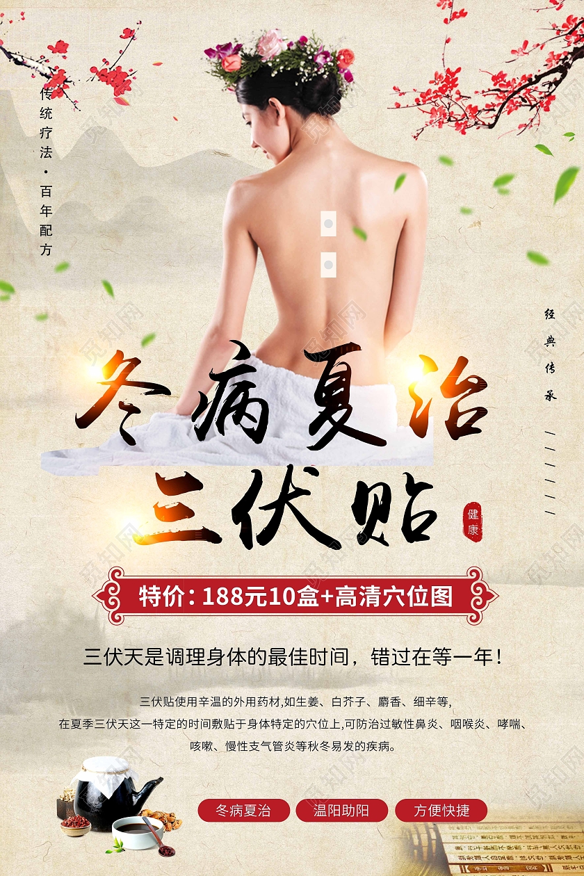 传统背景复古风冬病夏治三伏贴海报