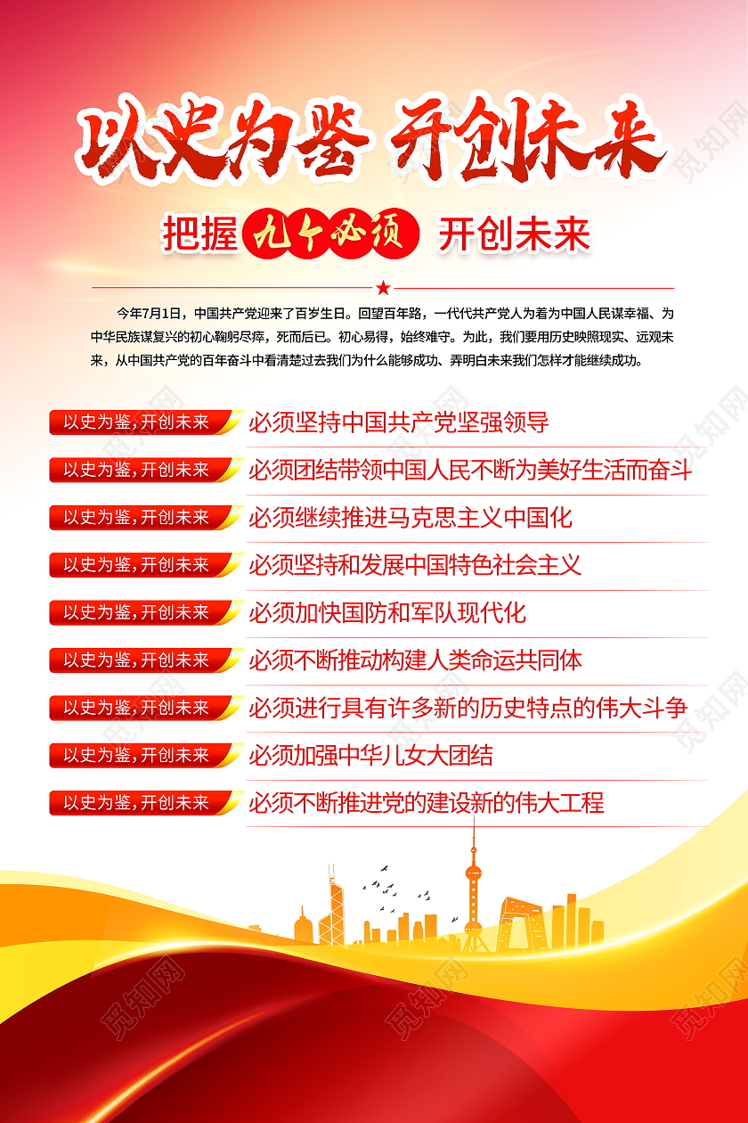 红色大气以史为鉴开创未来庆祝建党100周年大会讲话宣传海报9个必须建党100周年